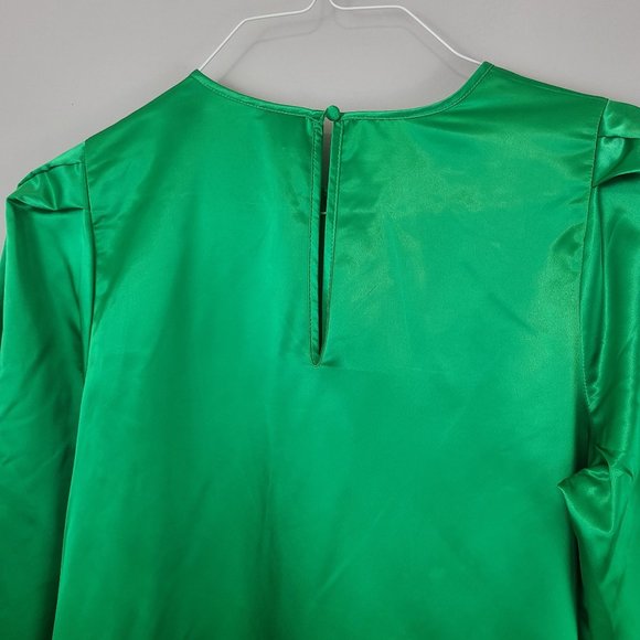 a new day Womens Mini Dress Long Sleeve Satin Green Round Neck Shift Casual M - Picture 9 of 11